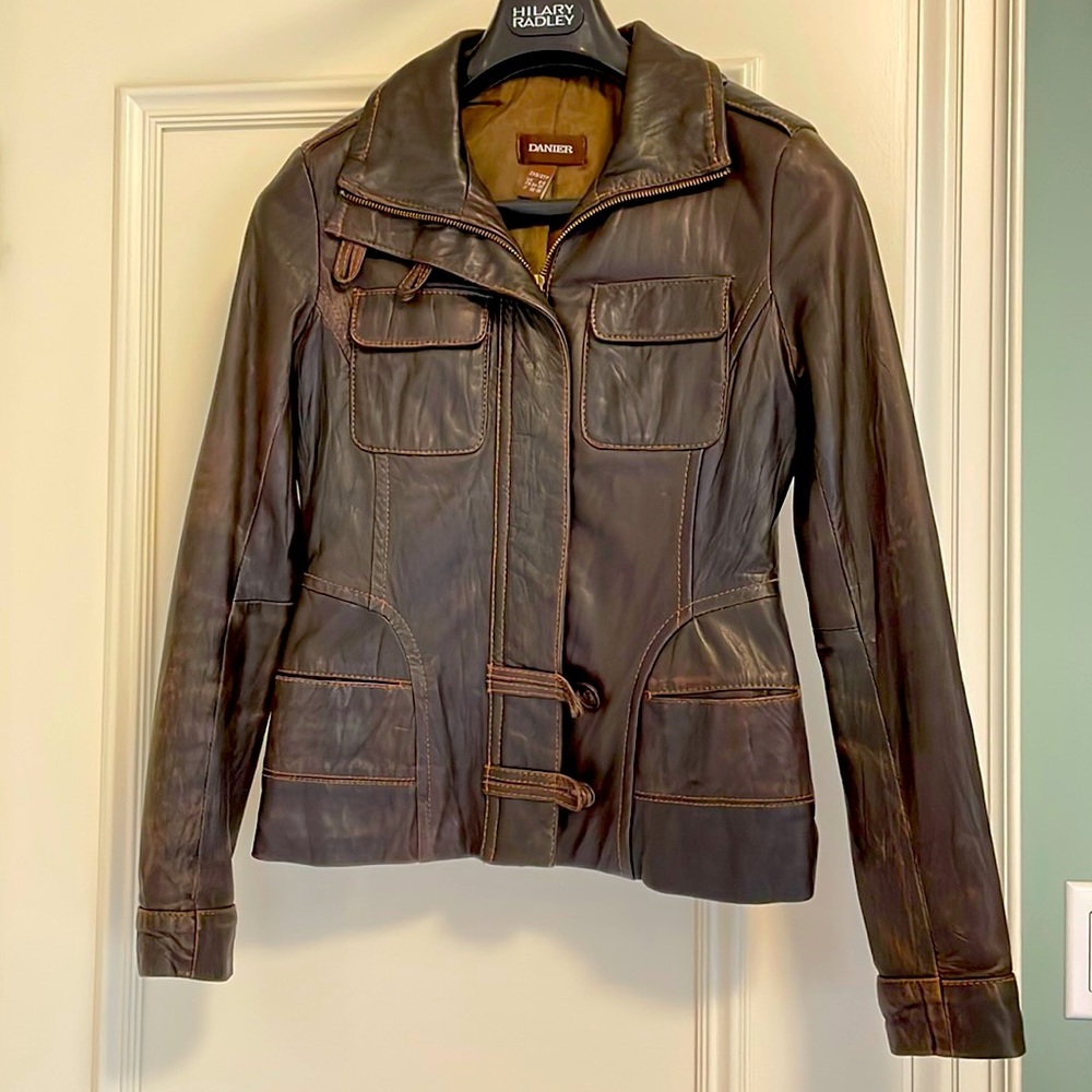 Rich brown Danier leather jacket with lots of pockets
